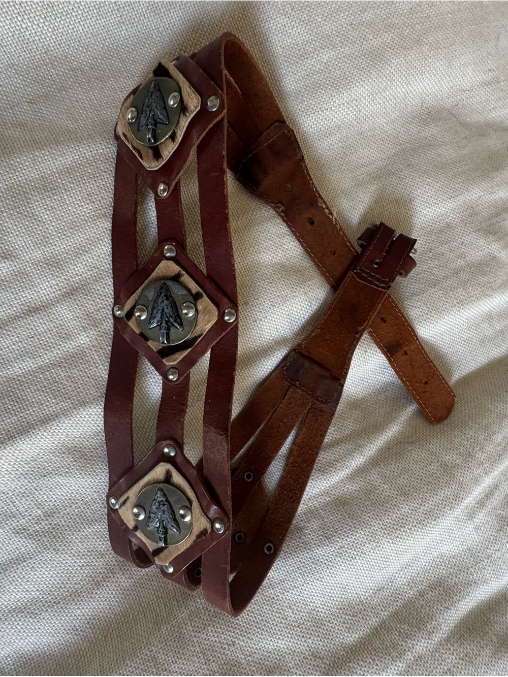 Vintage Brown Leather Multi-Strip Belt with Decorative Metal Accents